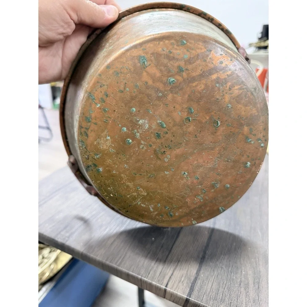 Antique Hammered Copper Pot With Handles  Decor Use Only